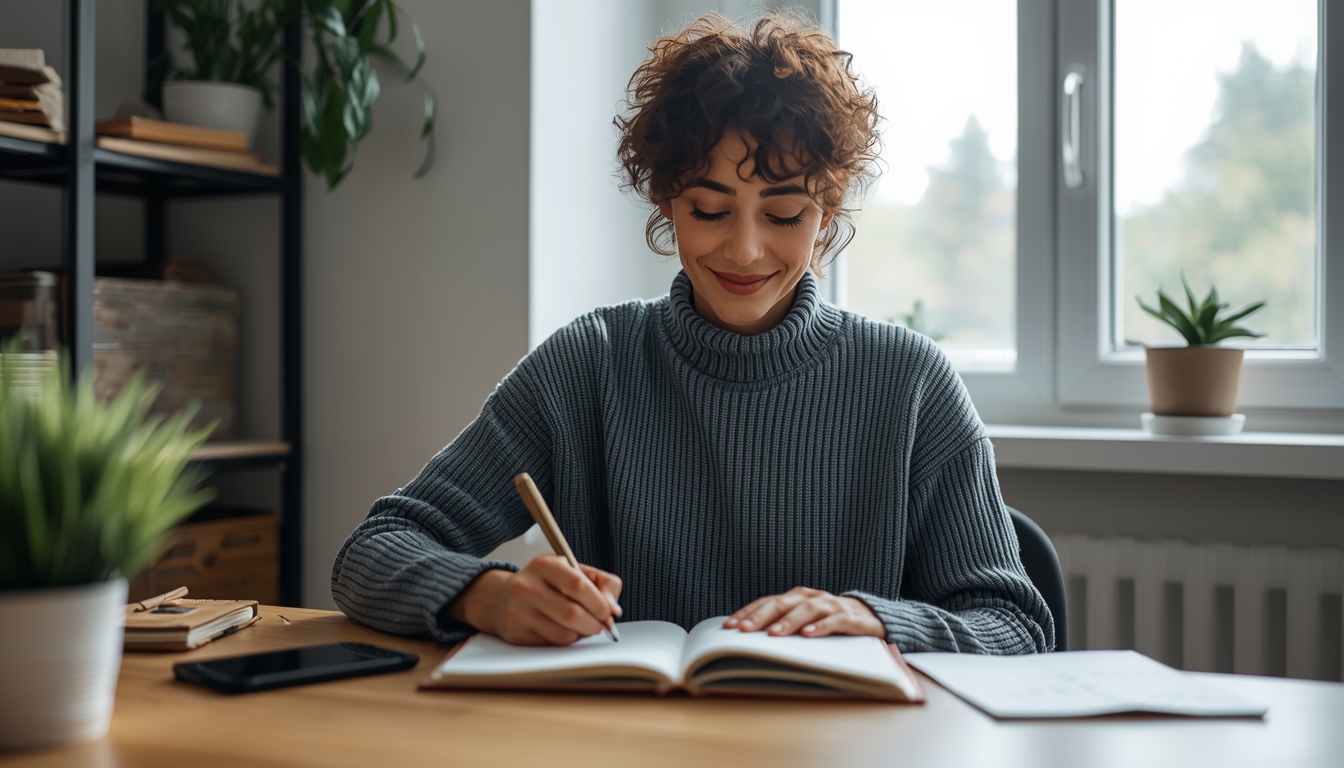 Person practicing mindful planning with journal and peaceful workspace